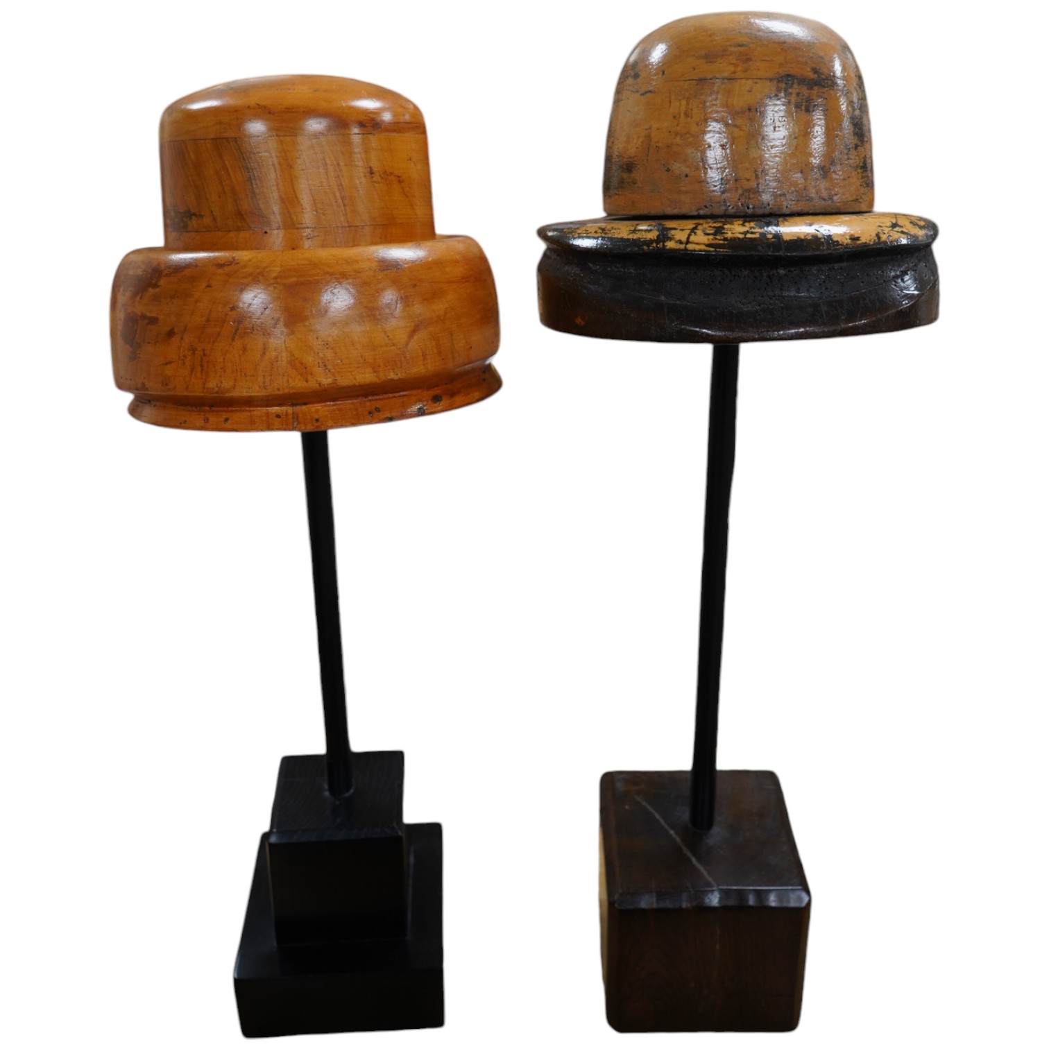 Two vintage milliners wooden hat stands, 72cm high. Condition - fair